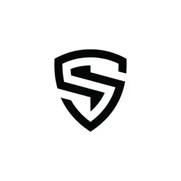 Shield logo with stylized S, black and white design