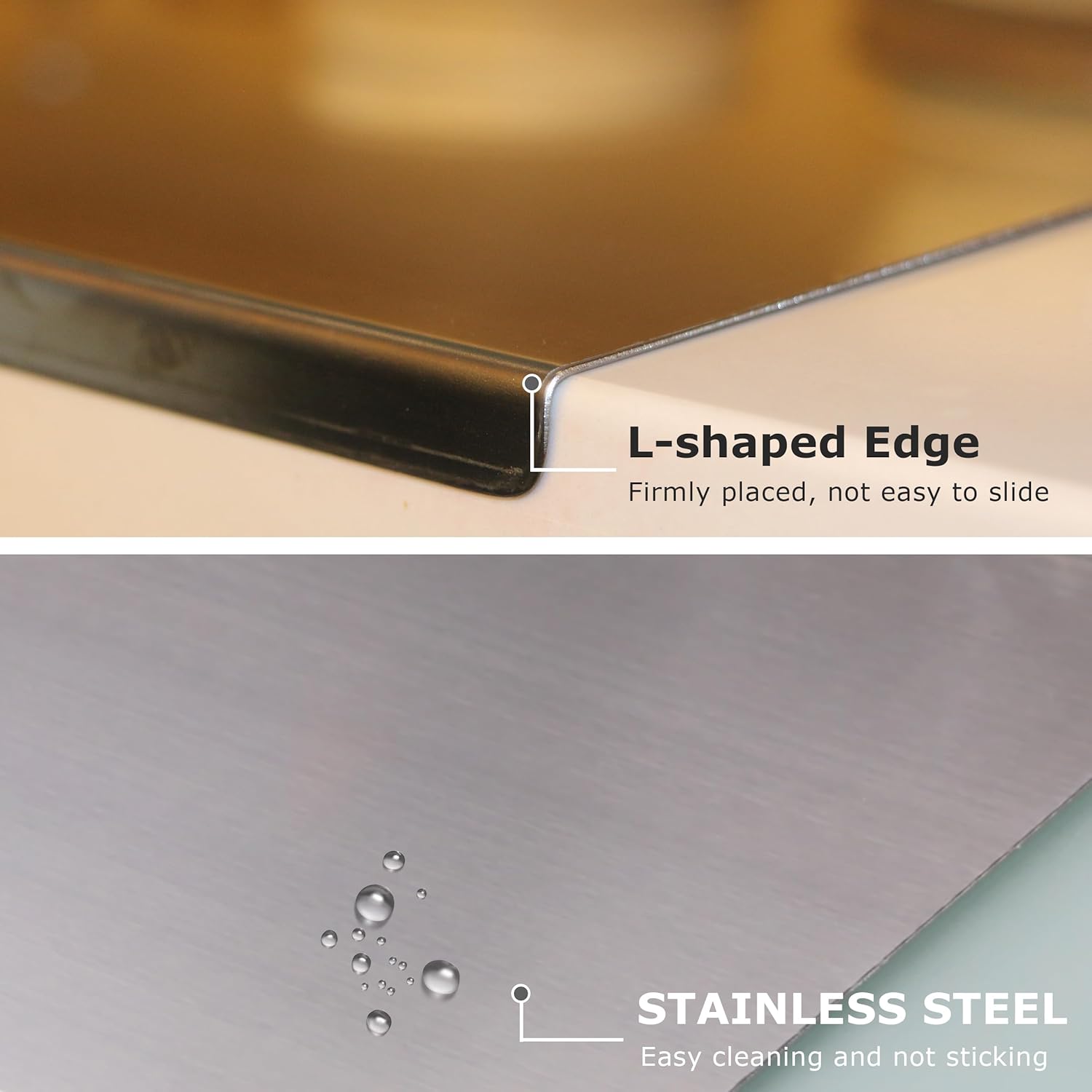 Stainless steel cutting board with L-shaped edge, non-slip, easy cleaning, water-resistant surface