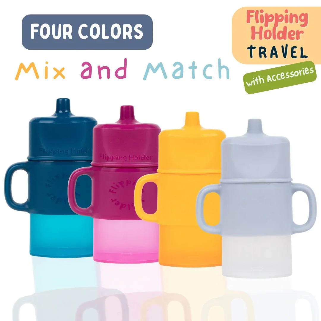Four-color kids travel sippy cups with flipping holder and mix-and-match accessories