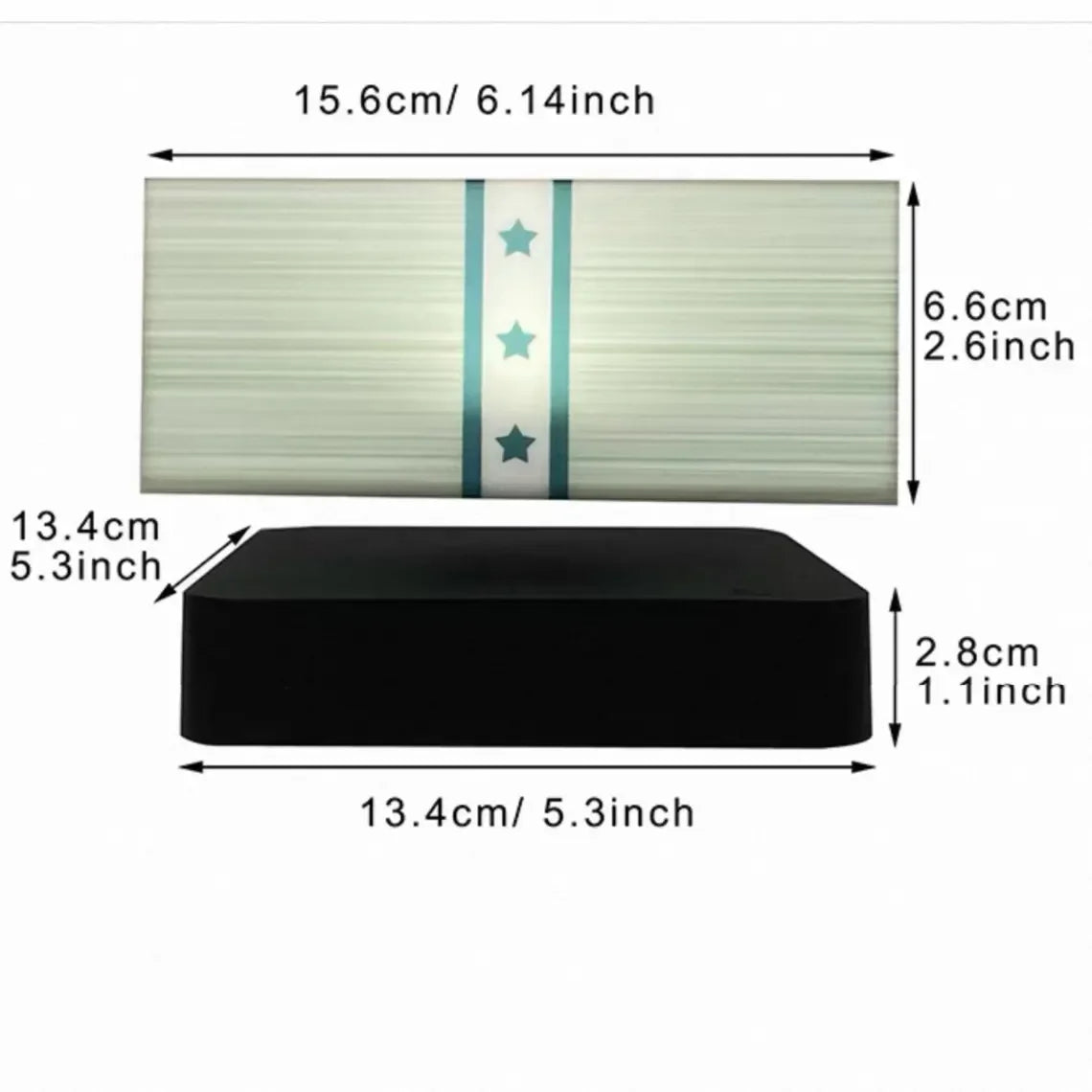 Compact black device with dimensions, paired with a striped panel featuring teal stars.